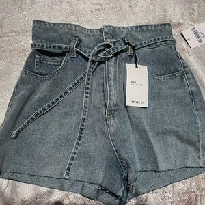 Forever 21 Denim Blue Belted Jean Shorts